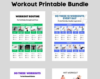 Pode incluir: Conjunto de rotinas de treino imprimíveis com ilustrações de diferentes exercícios para a parte inferior do corpo, a parte superior do corpo, os glúteos e um treino HIIT. O texto inclui "Workout Routine", "Do These 10 Workouts Every Day", "Do These Workouts To Get Round Glutes" e "HIIT Workout".