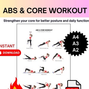 Könnte beinhalten: Ein druckbares PDF mit einem "ABS & CORE WORKOUT"-Leitfaden. Der Leitfaden enthält Illustrationen verschiedener Übungen, wie z. B. Planks und Bergsteiger. Das Bild enthält auch den Text "SOFORT-DOWNLOAD" und eine Website-Adresse.