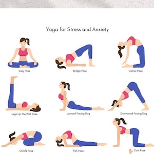 Stress en angst Relief yogahoudingen afdrukbare poster, digitale download kunst aan de muur, cadeau voor yogaliefhebber, sportschool studio decor, yoga illustraties pdf