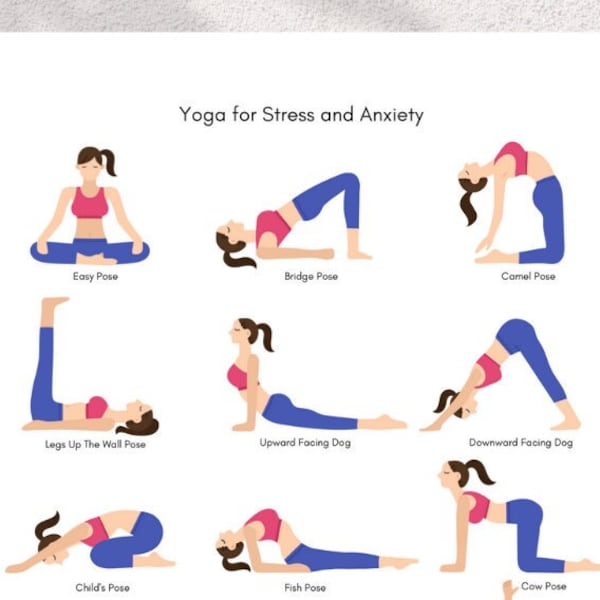 Stress and Anxiety Relief Yoga Poses Printable Poster,Digital download wall art,Gift for Yoga Lover, Gym Studio decor,Yoga illustrations Pdf