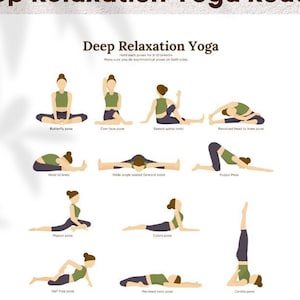 Yogagids voor diepe ontspanning, pdf met geïllustreerde poses, kunst aan de muur, cadeau voor yogaliefhebbers en studiodecor