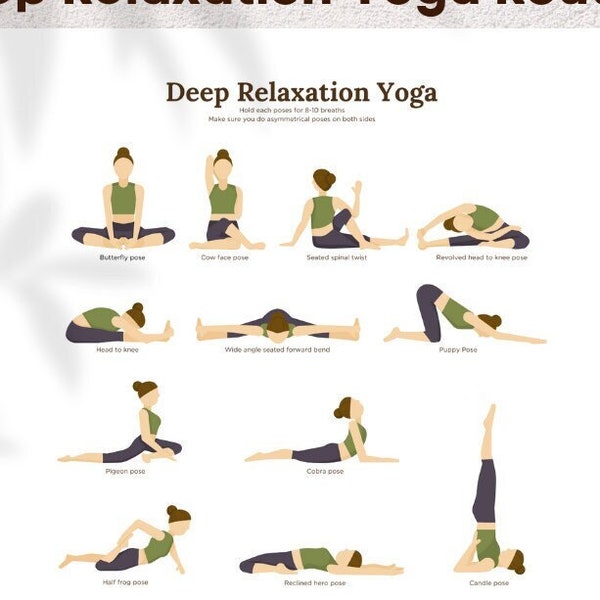 Deep Relaxation Yoga Practice Guide PDF, Yoga Poses with names illustrations, Yoga poses wall art,Gift for Yoga lovers, Yoga studio decor