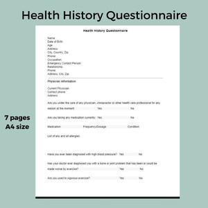 Op de afbeelding: Een wit formulier voor een gezondheidsgeschiedenisvragenlijst met de titel bovenaan. Het formulier bevat secties voor persoonlijke informatie, artsgegevens en gezondheidsvragen. De tekst "7 pages A4 size" is ook zichtbaar.