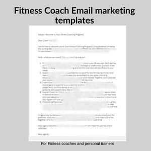 May include: Email marketing templates for fitness coaches and personal trainers. The image shows a sample email with the subject line "Welcome to Your Fitness Coaching Program!" and a list of coaching program features.