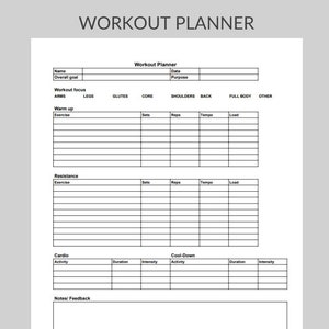 Könnte beinhalten: Ein weißer Trainingsplaner mit dem Text "WORKOUT PLANNER" oben. Der Planer enthält Abschnitte für den Trainingsschwerpunkt, das Aufwärmen, den Widerstand, Cardio, Abkühlen und Notizen. Es gibt Bereiche zum Aufzeichnen von Sätzen, Wiederholungen, Tempo und Belastung.