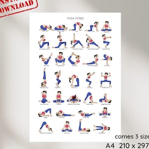 33 yogahoudingen afdrukbare poster, digitale download yogahoudingen poster, yogahoudingen pdf, yogahoudingen afdrukbaar sportschooldecor, yogahoudingen illustraties