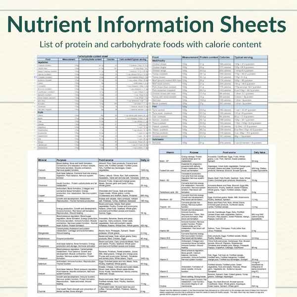 Nutrient Information 4 Pages Bundle, Calorie Counting Chart,Protein Carbohydrate Content Food List,Vitamin Mineral Daily Value,Food Sources