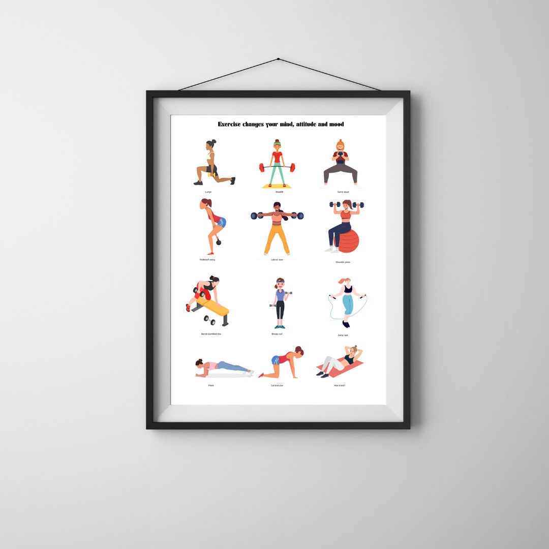 Printable Full Body Exercise Illustrations Poster, Home Dumbbell Full ...