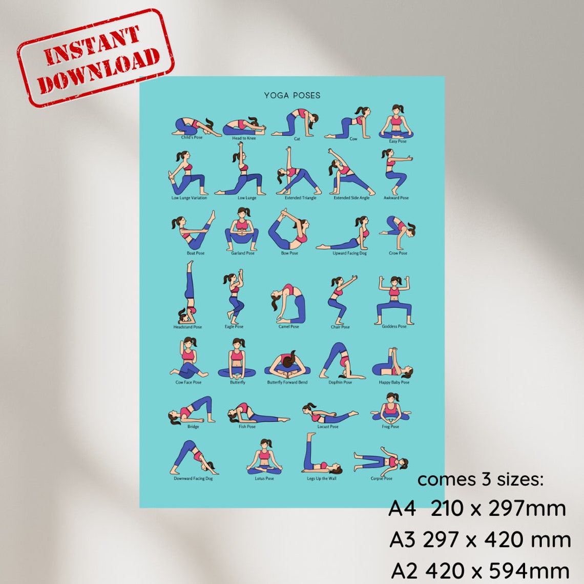 33 Yoga Poses Printable Poster,digital Download Yoga Poses Poster,yoga ...
