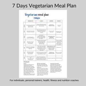 May include: A 7-day vegetarian meal plan with a shopping list of produce, dairy, grains, beans, nuts, and legumes. The meal plan includes breakfast, lunch, dinner, and snacks for each day of the week.