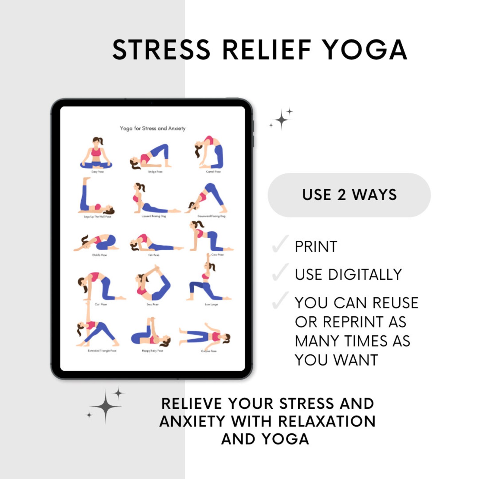 Yoga Poses Print, Stress and Anxiety Relief, Gym Studio Decor (digital ...