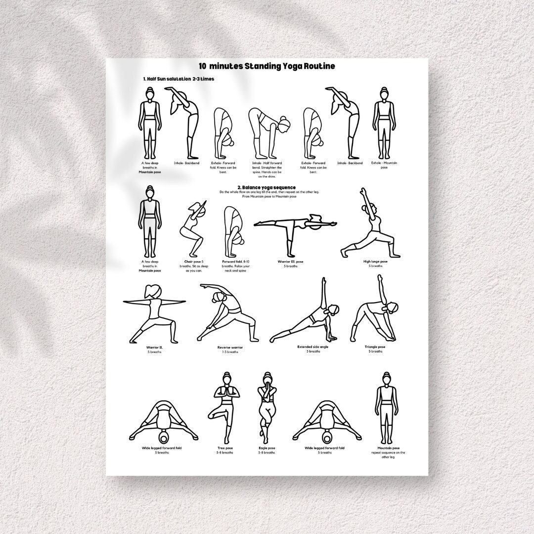 Standing Yoga Routine Printable With Instructions 10 Minutes Yoga Flow Poses With Names Yoga Studio Decor Yoga Poses Illustrations Poster Etsy
