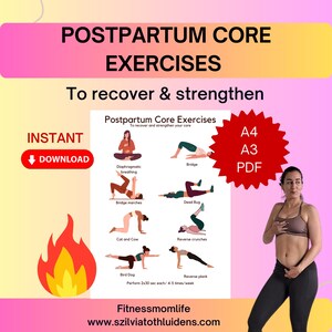 Könnte beinhalten: Ein digitales Poster mit dem Titel "POSTPARTUM CORE EXERCISES" mit Übungsillustrationen zur Erholung nach der Geburt. Das Poster enthält Übungen wie Brückenmärsche und Reverse Crunches. Verfügbar in den Formaten A4, A3 und PDF.