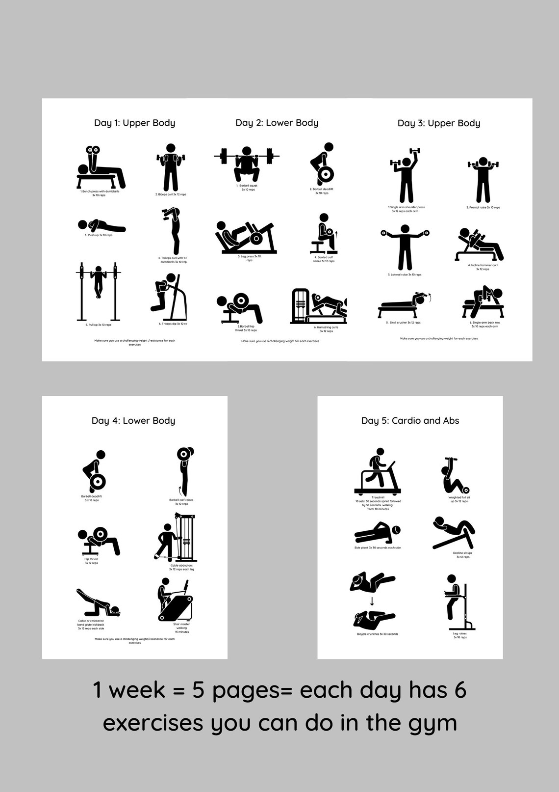 Week Gym Workout Plan Printable Digital Pdf 1 Week Workout Plan 5 Days 