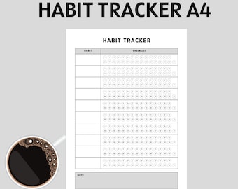 May include: A black and white printable habit tracker checklist with the title "Habit Tracker" and a section for "Note".