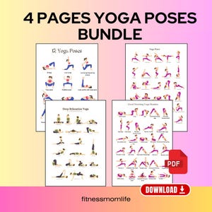Afdrukbare bundel met yogahoudingen, bundel van 4 pagina&#39;s, digitale download yogahoudingen, yoga-oefeningen pdf, inrichting yogales, illustraties yogahoudingen, bundel yogagoeroe