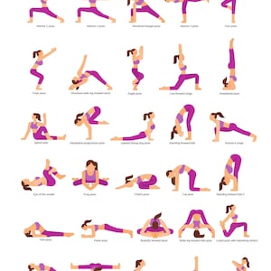 30 yogahoudingen afdrukbare poster, digitale download yogahoudingen poster, yogahoudingen pdf, yogahoudingen afdrukbaar sportschooldecor, yogahoudingen illustraties