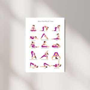 May include: A printable poster with illustrations of 12 yoga poses for back pain relief. The poses are labeled with their names, such as "Cat", "Child's Pose", and "Seated Twist".