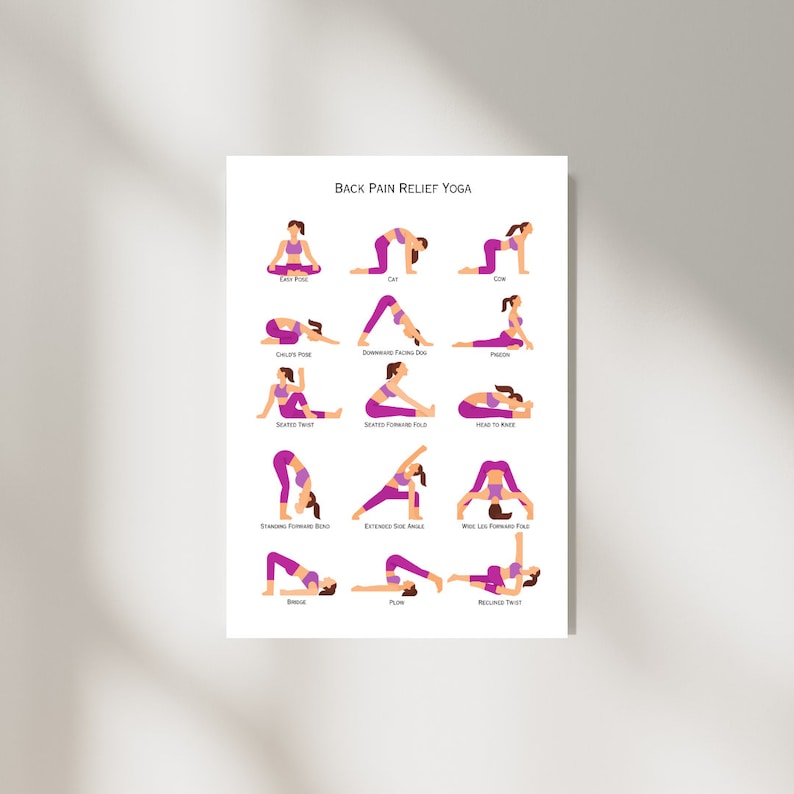 May include: A printable poster with illustrations of 12 yoga poses for back pain relief. The poses are labeled with their names, such as "Cat", "Child's Pose", and "Seated Twist".