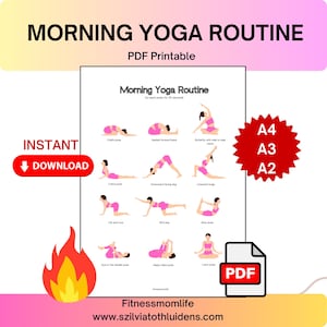 Poster ochtendyoga-routine | A4, A3 A2 digitale download | Stroomschema voor zachte yoga voor vrouwen | Afdrukbare dagelijkse stretchgids| Studiomuurkunst