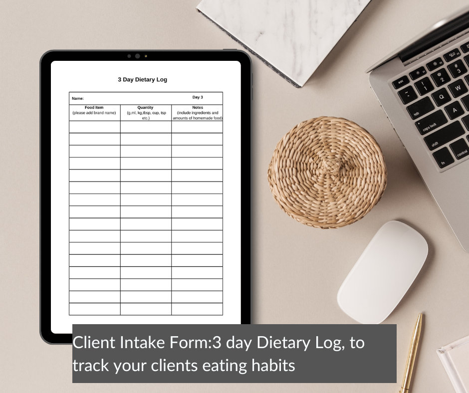 Client Intake Dietary Log, 3 Day Dietary Log, Personal Trainer,fitness ...