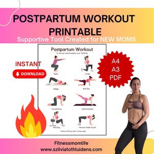 Puede incluir: Una guía imprimible de ejercicios posparto con ilustraciones de ejercicios, incluyendo sentadillas y zancadas. La guía está etiquetada como "Postpartum Workout" e incluye el texto "Supportive Tool Created for NEW MOMS". La imagen también presenta a una mujer con ropa de entrenamiento.