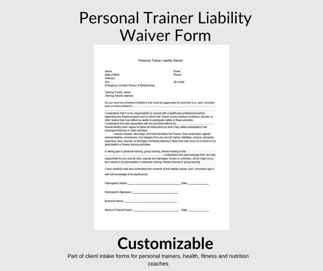Customizable Liability Waiver Form, Personal Trainer Client Intake Customizable Liability Waiver Form, Personal Trainer Client Intake