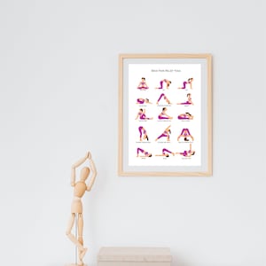 May include: A framed poster with the title "Back Pain Relief Yoga" and illustrations of different yoga poses. The poster is on a white wall with a wooden figurine and a box on a marble table.