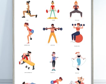Printable Full Body Exercise Illustrations poster, home dumbbell full body workout guide poster, full body workout home/ gym decor,