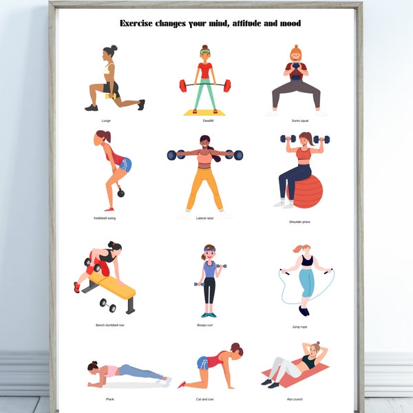 Printable Full Body Exercise Illustrations poster, home dumbbell full body workout guide poster, full body workout home/ gym decor,