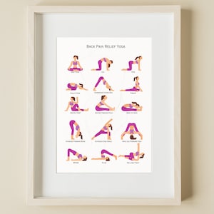 May include: A white framed poster with the title "Back Pain Relief Yoga" and illustrations of 12 different yoga poses. Each pose is labeled with its name.