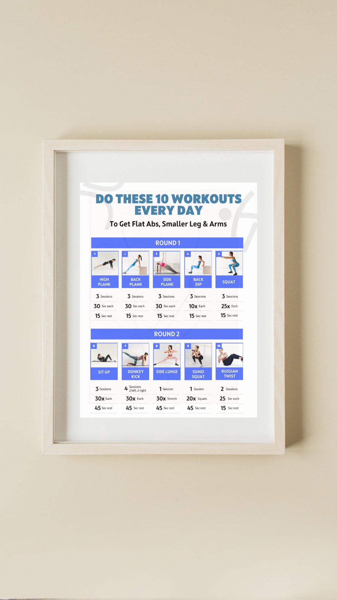 10 Full Body Workouts Poster, Daily Workouts Poster, Exercise Wall Art Gym Decor, Workout Poster ...