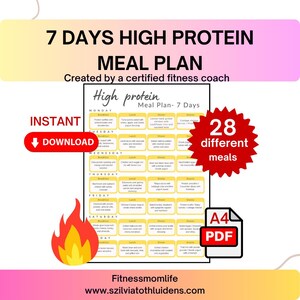 Easy 7 Days High Protein Meal plan, At-a-glance diet, Weekly Healthy Meal Planner for Weight Loss, Muscle Gain, Clean Eating & Fitness Goals