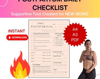 May include: A Postpartum Daily Checklist, designed for new mothers, with sections for core exercises, daily reminders, and mood tracking. Available as an instant download in A4 and A3 PDF formats. The checklist is a supportive tool.