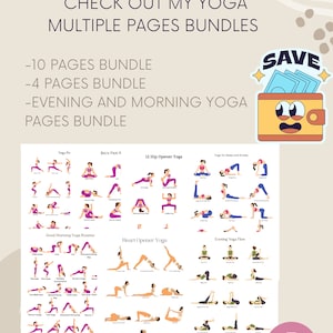 May include: A digital download of yoga poses for different routines, including back pain relief, hip opener, good morning, heart opener, and evening yoga flow. The image includes a pink download button and a cartoon wallet with the word "SAVE" on it.