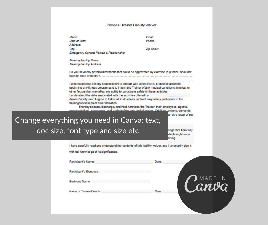 Customizable Liability Waiver Form, Personal Trainer Client Intake ...