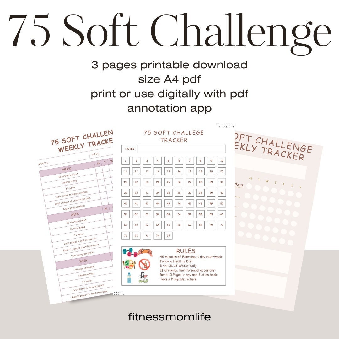 75 Soft Challenge Tracker Printable, Habit & Fitness Journal (A4 PDF ...