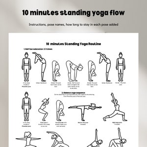 Afdrukbare yogaroutine staande: 10 minuten vloeiende houdingen met namen, geïllustreerde yogaposter, studiodecor en instructieve muurkunst