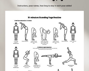 May include: Black and white line art illustration of a 10-minute standing yoga flow routine. The illustration includes instructions, pose names, and how long to stay in each pose. The poses include Mountain, Half Sun Salutation, Forward Fold, Warrior III, and High Lunge.