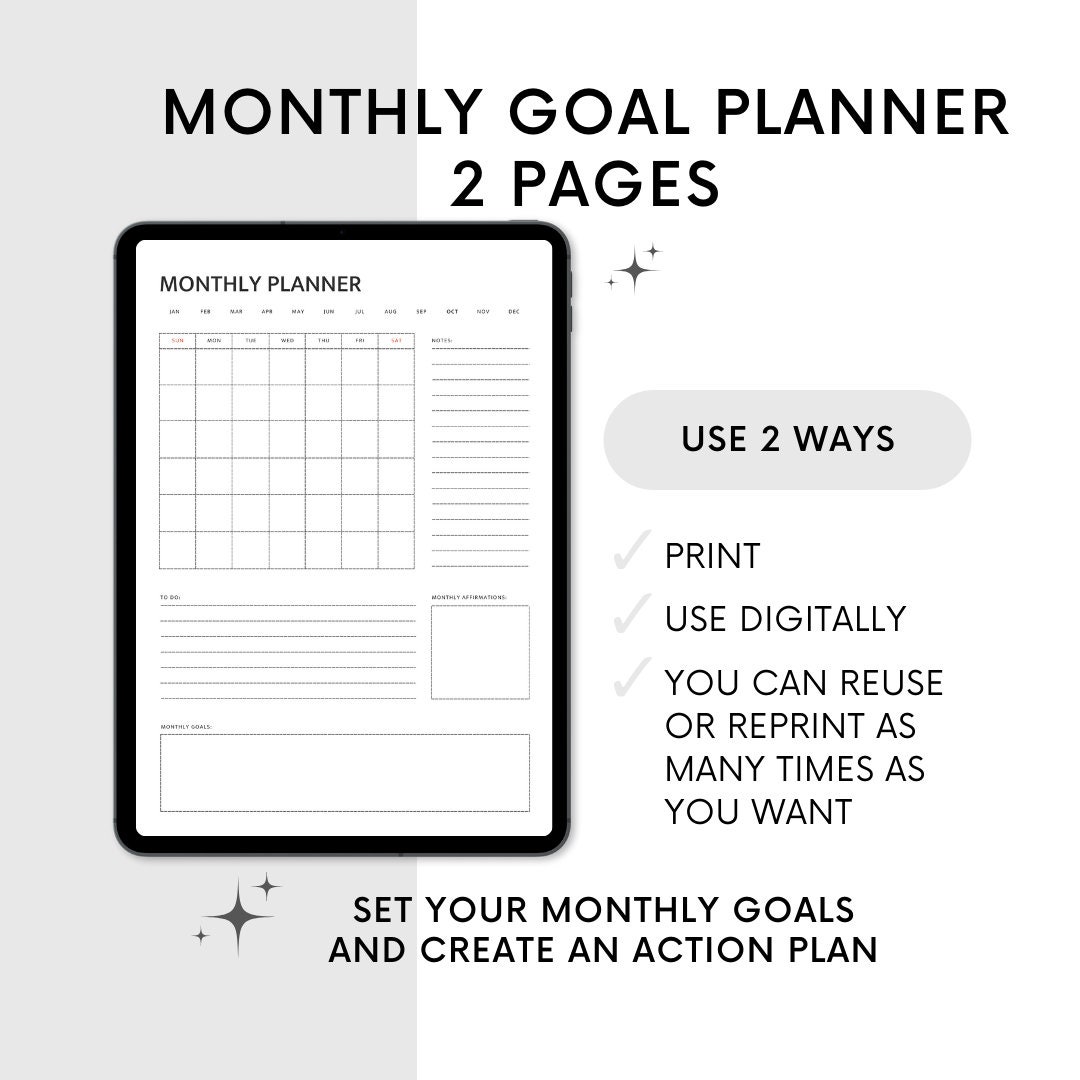Monthly Goal Setting Action Planner, Monthly Planner Digital Download ...
