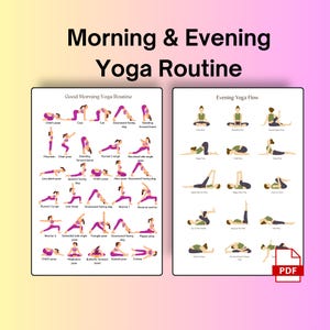 Ochtend en avond yogaroutine bundel van 2 pagina&#39;s, afdrukbare yogahoudingen, yogastudio decor, yogahoudingen illustraties pdf, stretching printables