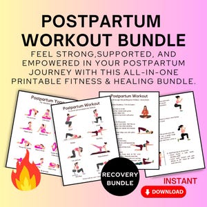 Puede incluir: Un paquete imprimible de ejercicios posparto con guías de yoga y ejercicios. El paquete incluye instrucciones ilustradas para varios ejercicios, con el texto "Postpartum Workout Bundle" en la parte superior. Un gráfico de llama naranja fuego está en la esquina inferior izquierda.