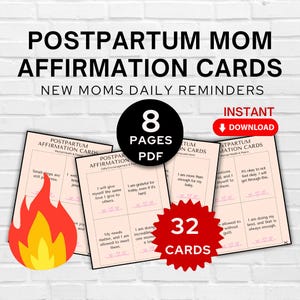 Postpartum Affirmation Cards Printable | New Mom Self-Care Quotes | A4 DIY Cut-Out Cards | Mental Health Support for Moms | 8 Pages PDF