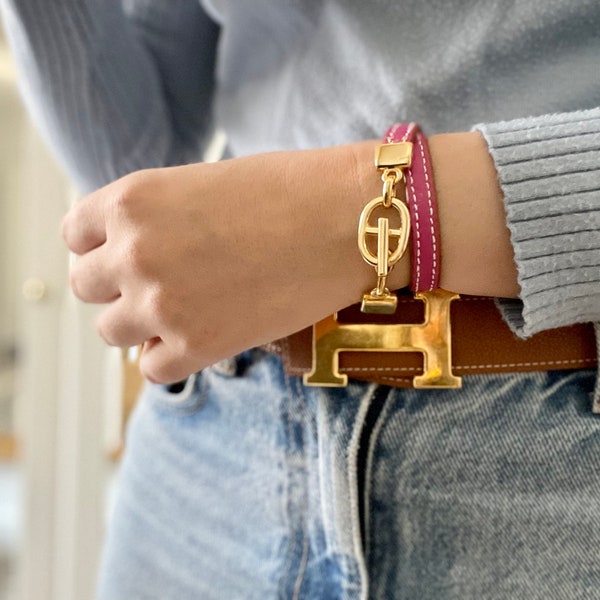 Bracelet en cuir luxe double tour réversible rose et beige fermoir chaine ancre or ou argent, ajustable et personnalisable fait main