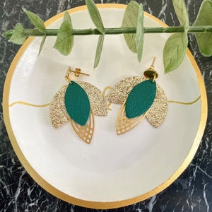 Multicolored leather earrings in the shape of drops, dangling earrings in leather and stainless gold metal