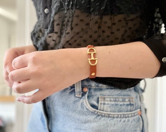 camel bracelet in real leather with gold or silver equestrian jewelry , adjustable and customizable with magnetic clasp