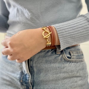 Double wrap leather bracelet for women, luxury bracelet with silver or gold clasp in zamak, handmade and handcrafted in France