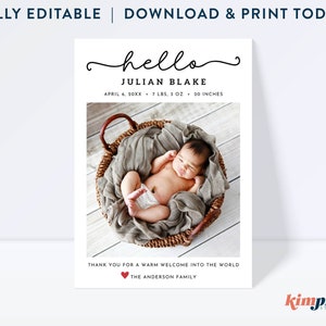 Modèle de carte d’annonce de naissance, courrier photo présentant un nouveau bébé avec des statistiques, personnalisable et imprimable, fichier numérique instantané 5x7, Canva Edit