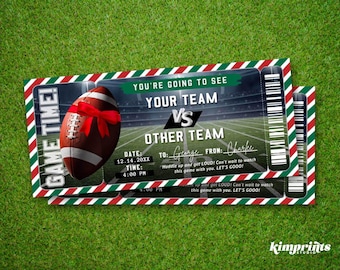 May include: A football-themed ticket with a brown football and red bow. The ticket reads "GAME TIME!" and "YOUR TEAM VS OTHER TEAM." Includes date and time details. The background is a football field.