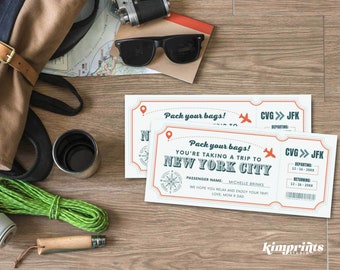 May include: Two travel-themed tickets with the text "Pack your bags! You're taking a trip to New York City." The tickets are white with orange and teal accents. Other items include sunglasses, a camera, and a map.